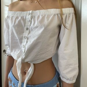 small BDG cropped off the shoulder white top
